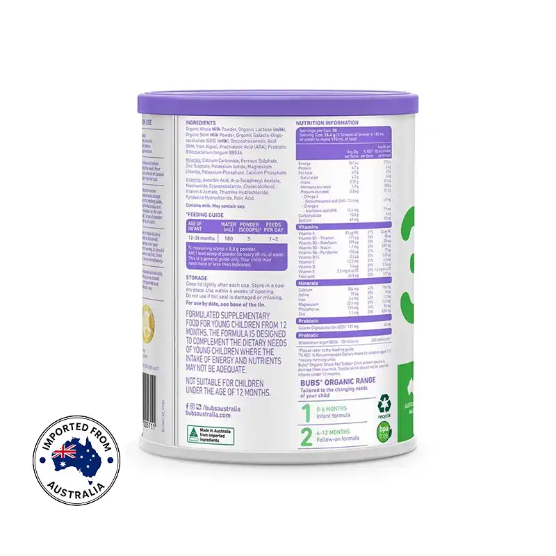 Bubs Organic Cow Milk Powder (12 to 36 months) 800g 2