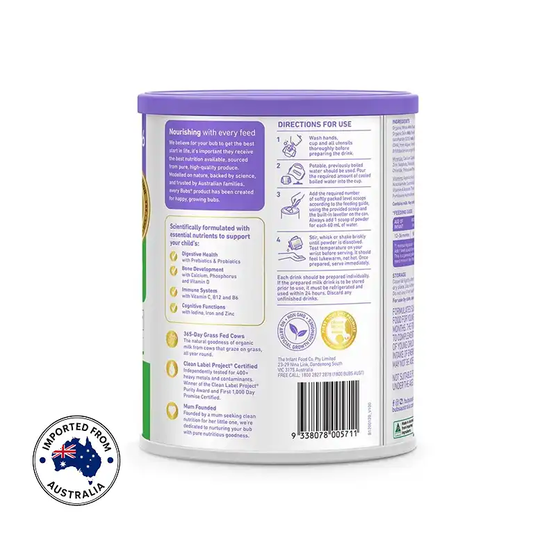 Bubs Organic Cow Milk Powder (12 to 36 months) 800g 3